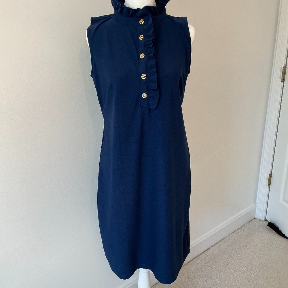 Katherine Way Sleeveless Navy Dress with Gold Metal Buttons & Ruffles - Size S